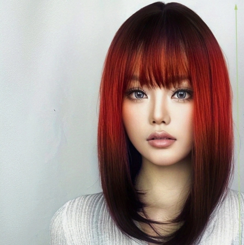 14in Ombre Red Black Straight Wig w/Fringe Bangs Cosplay Hair Daily/Halloween